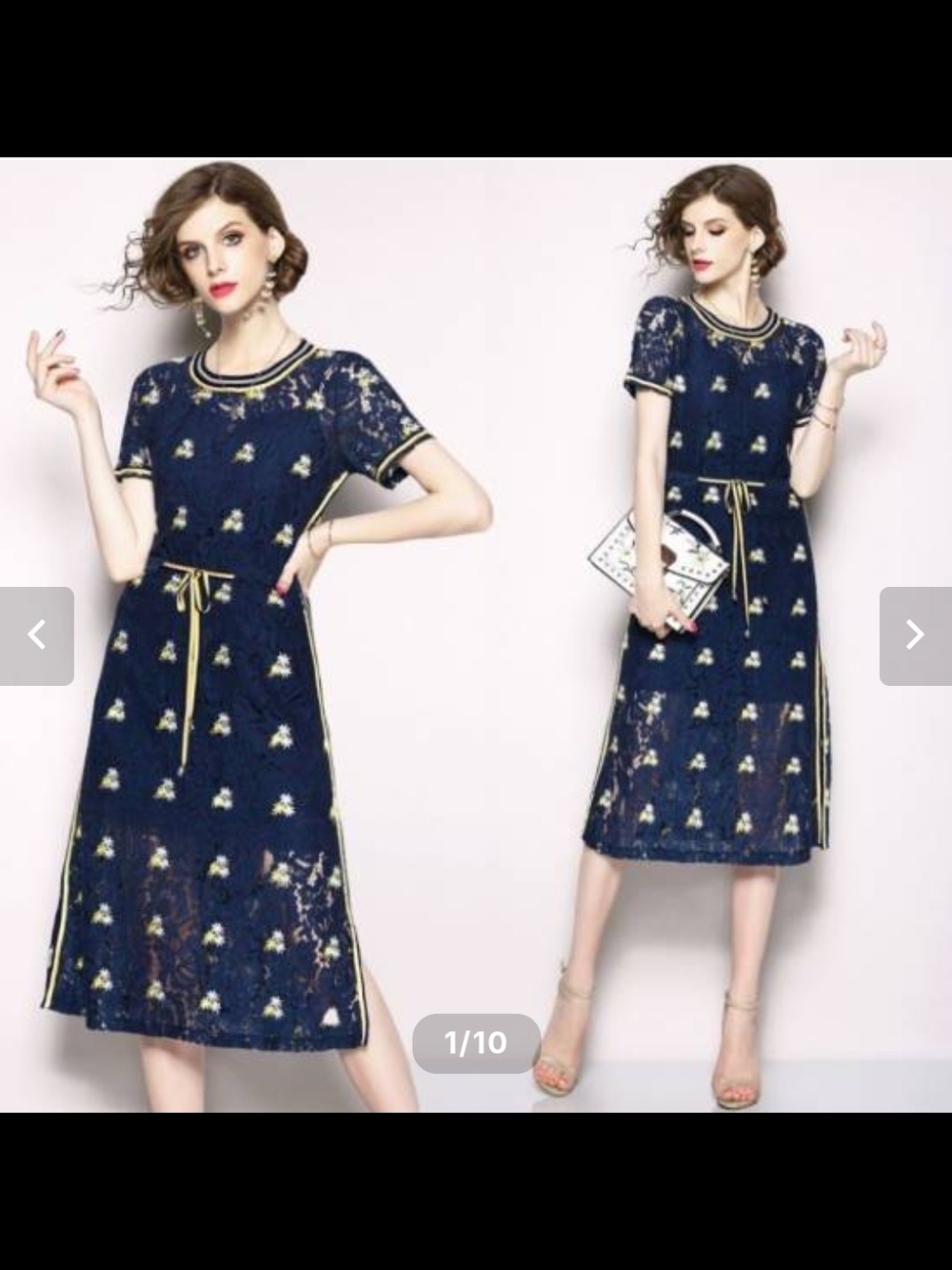 Navy Lace Floral embroid Short-Sleeve Dress with Drawstring Waist Size Small